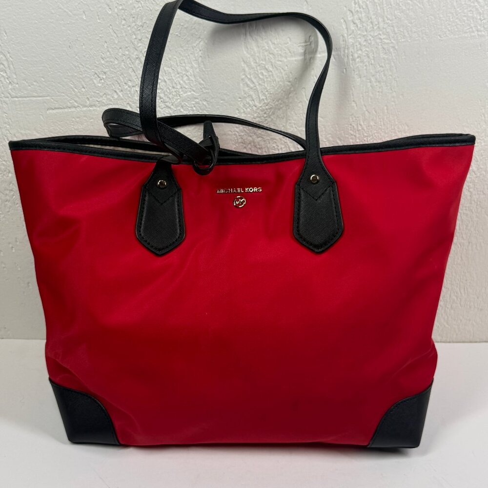 Michael Kors Eva Top Zip Tote Red Nylon Black Trim with Pouch & Snap Closure
